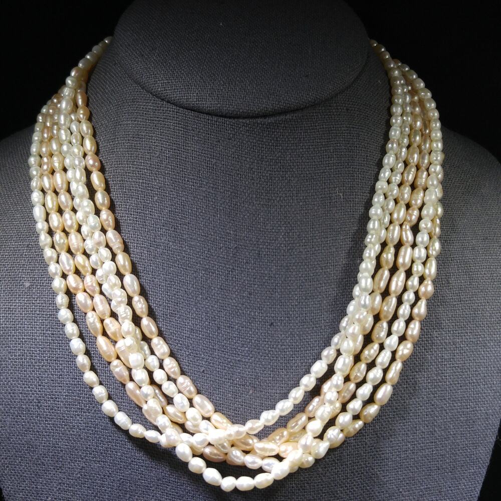Fresh Water Pearl Necklace, 6 Strands, Silver Gold Plated Clasp, 1980s Vintage